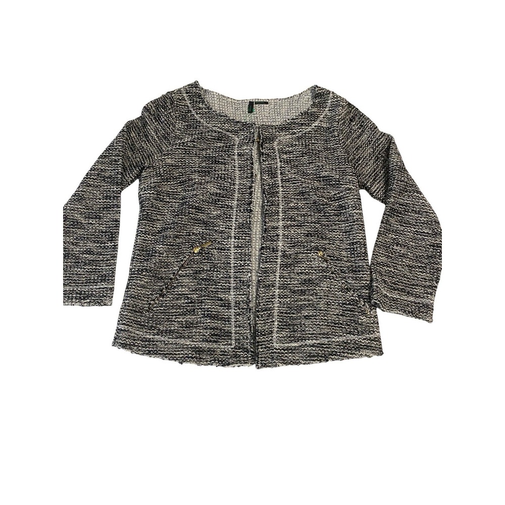 Stile Benetton Knit Cardigan Womens Small Black White Gold Metallic Tweed Bouclé
